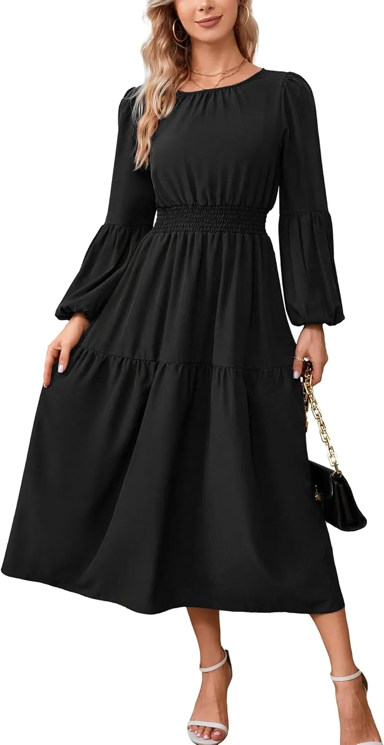 Kormei Women Casual Boho Floral Round Neck Puff Long Sleeve Smocked Waist Tiered A Line Flowy Swing Long Maxi Dress