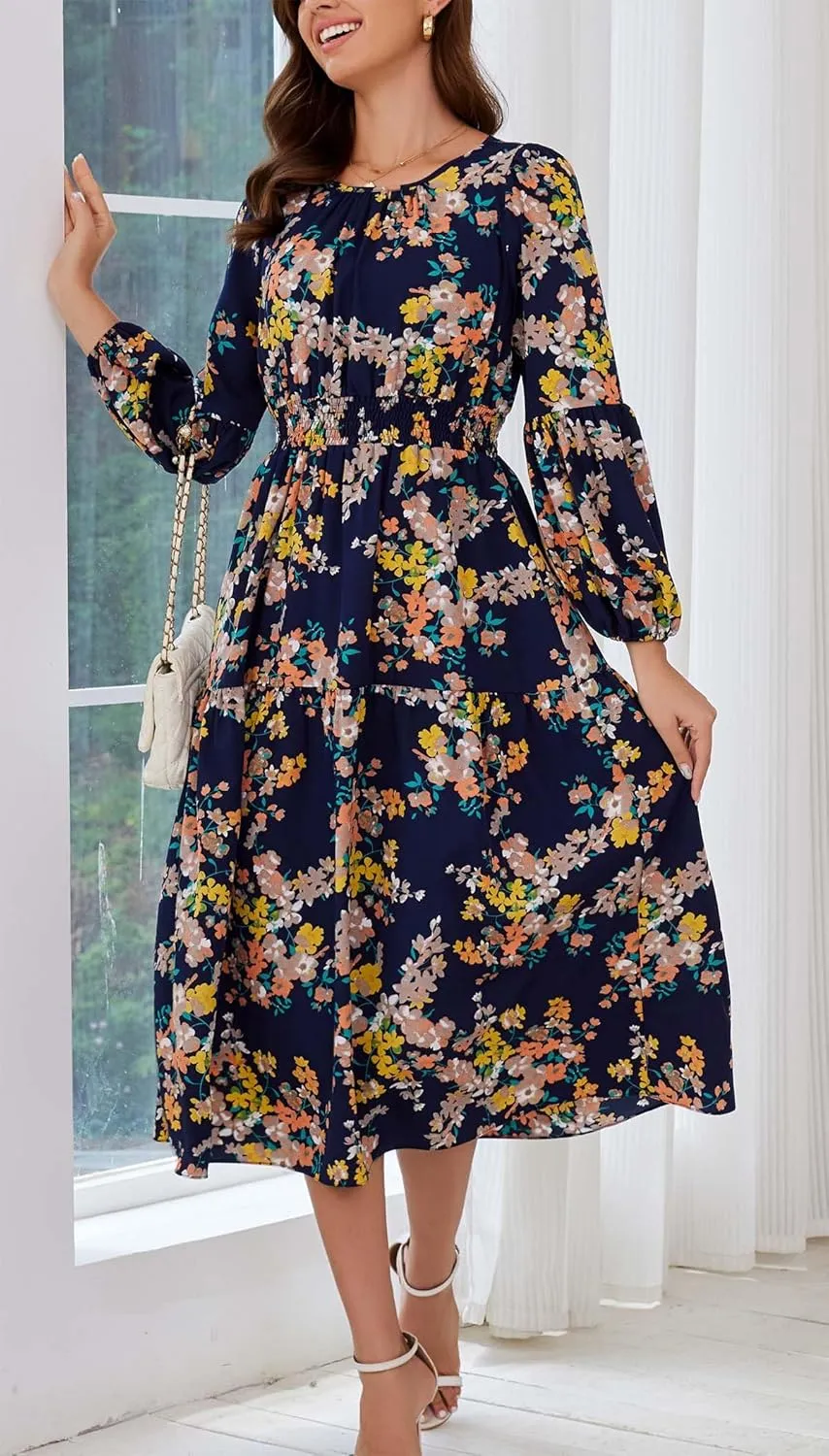 Kormei Women Casual Boho Floral Round Neck Puff Long Sleeve Smocked Waist Tiered A Line Flowy Swing Long Maxi Dress