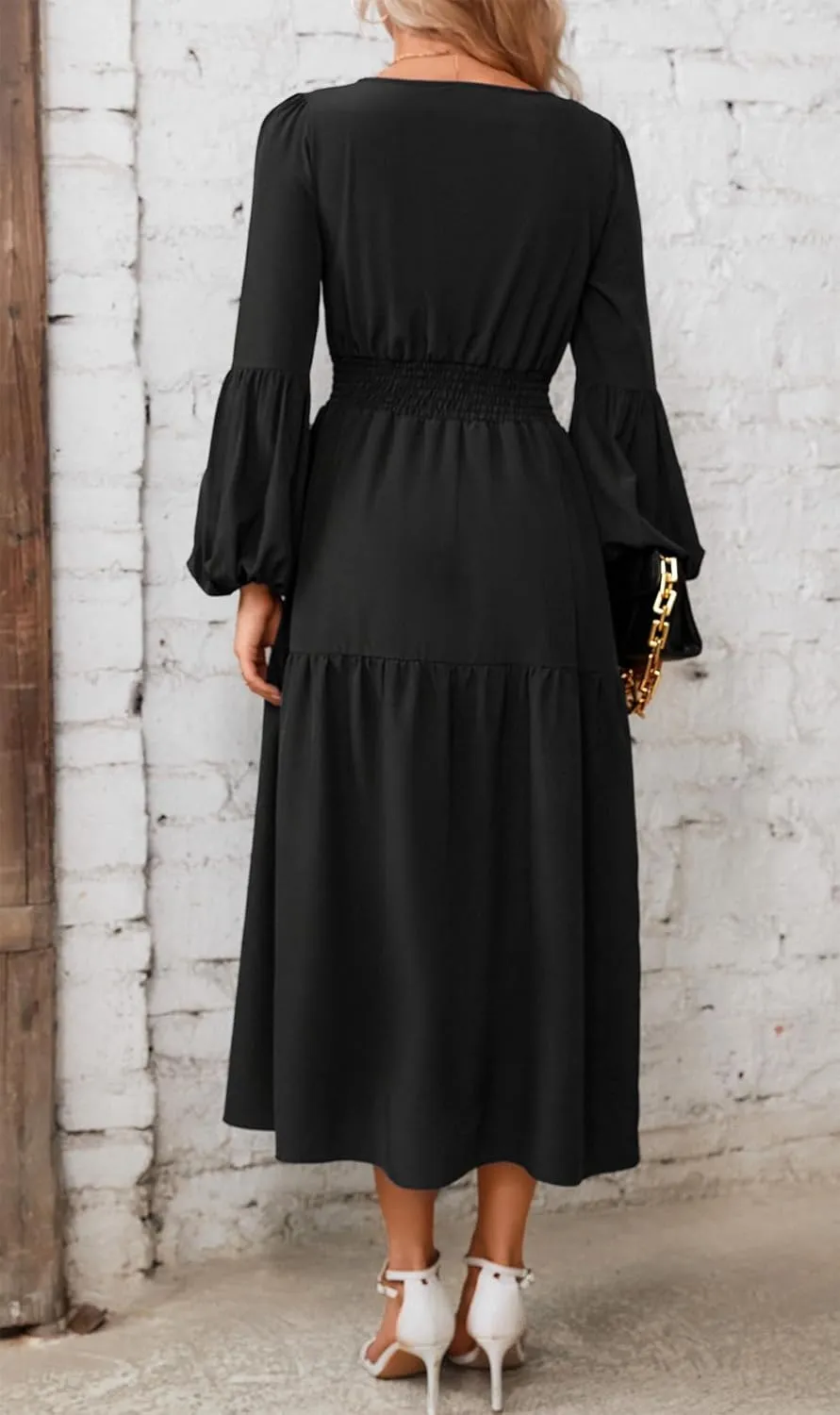 Kormei Women Casual Boho Floral Round Neck Puff Long Sleeve Smocked Waist Tiered A Line Flowy Swing Long Maxi Dress