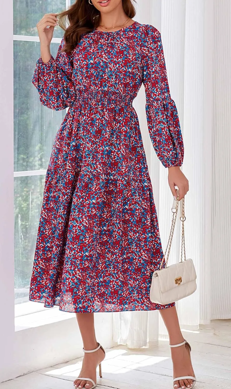 Kormei Women Casual Boho Floral Round Neck Puff Long Sleeve Smocked Waist Tiered A Line Flowy Swing Long Maxi Dress