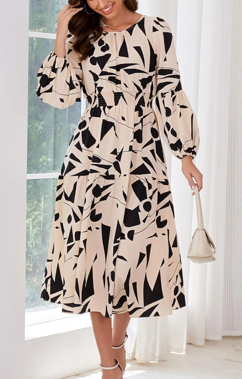 Kormei Women Casual Boho Floral Round Neck Puff Long Sleeve Smocked Waist Tiered A Line Flowy Swing Long Maxi Dress