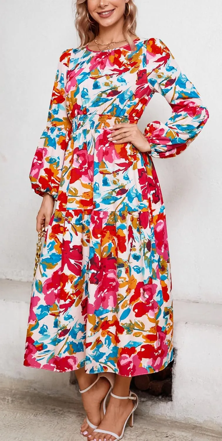 Kormei Women Casual Boho Floral Round Neck Puff Long Sleeve Smocked Waist Tiered A Line Flowy Swing Long Maxi Dress
