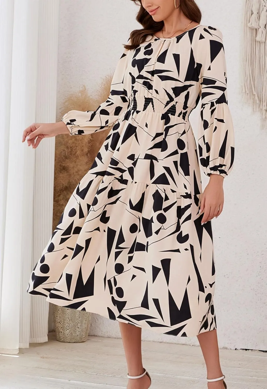 Kormei Women Casual Boho Floral Round Neck Puff Long Sleeve Smocked Waist Tiered A Line Flowy Swing Long Maxi Dress