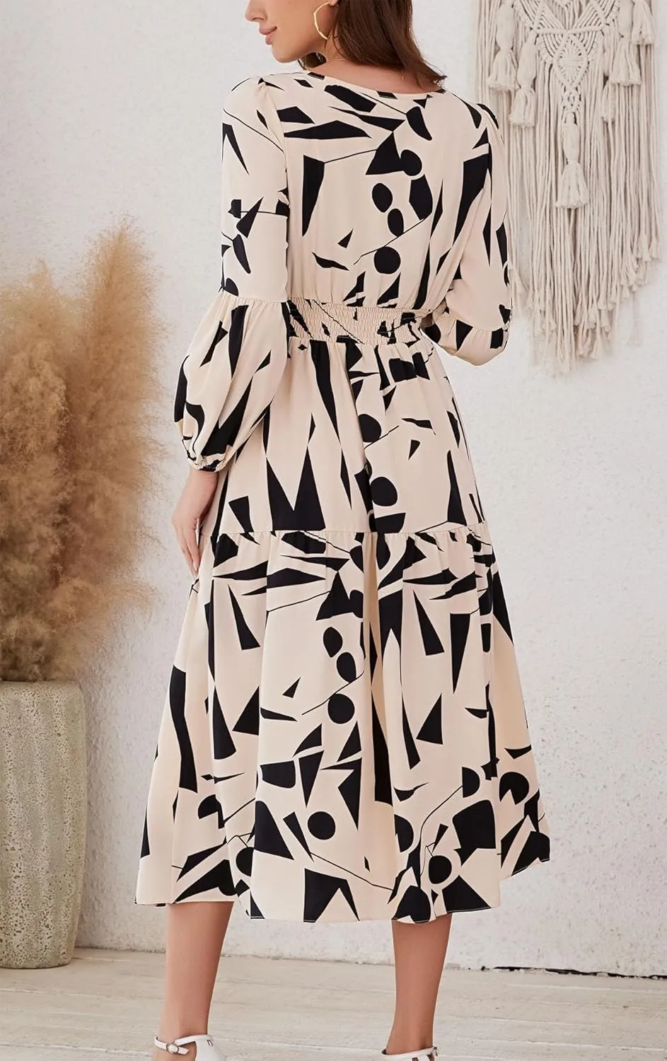 Kormei Women Casual Boho Floral Round Neck Puff Long Sleeve Smocked Waist Tiered A Line Flowy Swing Long Maxi Dress