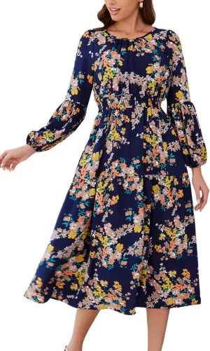 Kormei Women Casual Boho Floral Round Neck Puff Long Sleeve Smocked Waist Tiered A Line Flowy Swing Long Maxi Dress