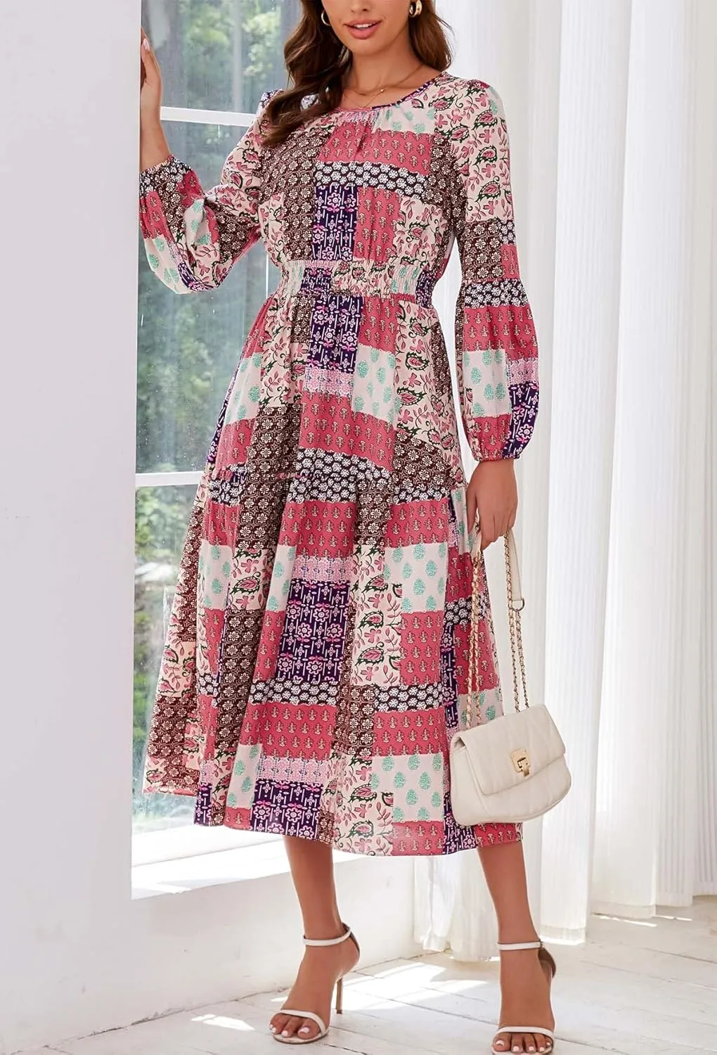 Kormei Women Casual Boho Floral Round Neck Puff Long Sleeve Smocked Waist Tiered A Line Flowy Swing Long Maxi Dress