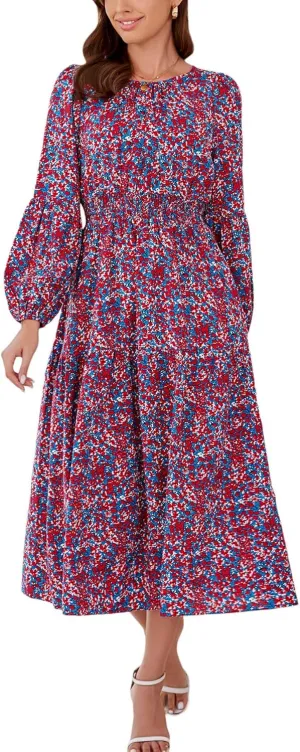 Kormei Women Casual Boho Floral Round Neck Puff Long Sleeve Smocked Waist Tiered A Line Flowy Swing Long Maxi Dress