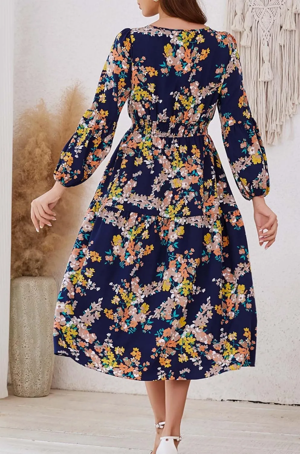 Kormei Women Casual Boho Floral Round Neck Puff Long Sleeve Smocked Waist Tiered A Line Flowy Swing Long Maxi Dress