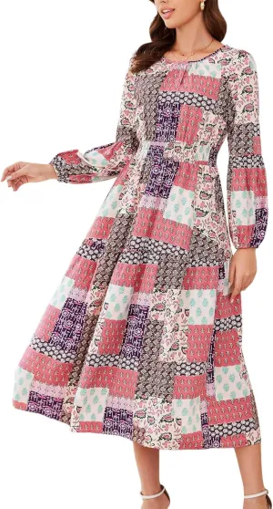 Kormei Women Casual Boho Floral Round Neck Puff Long Sleeve Smocked Waist Tiered A Line Flowy Swing Long Maxi Dress