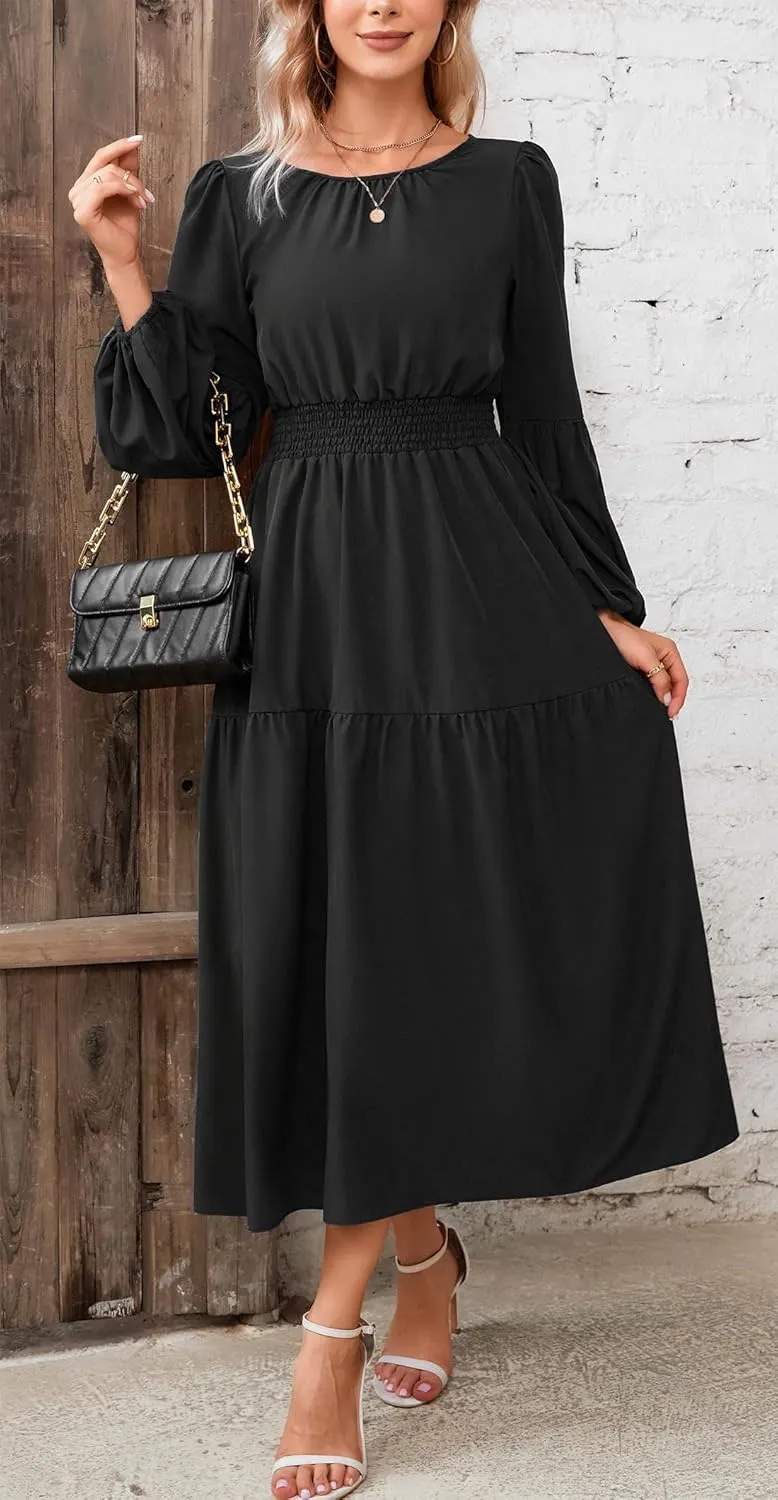 Kormei Women Casual Boho Floral Round Neck Puff Long Sleeve Smocked Waist Tiered A Line Flowy Swing Long Maxi Dress