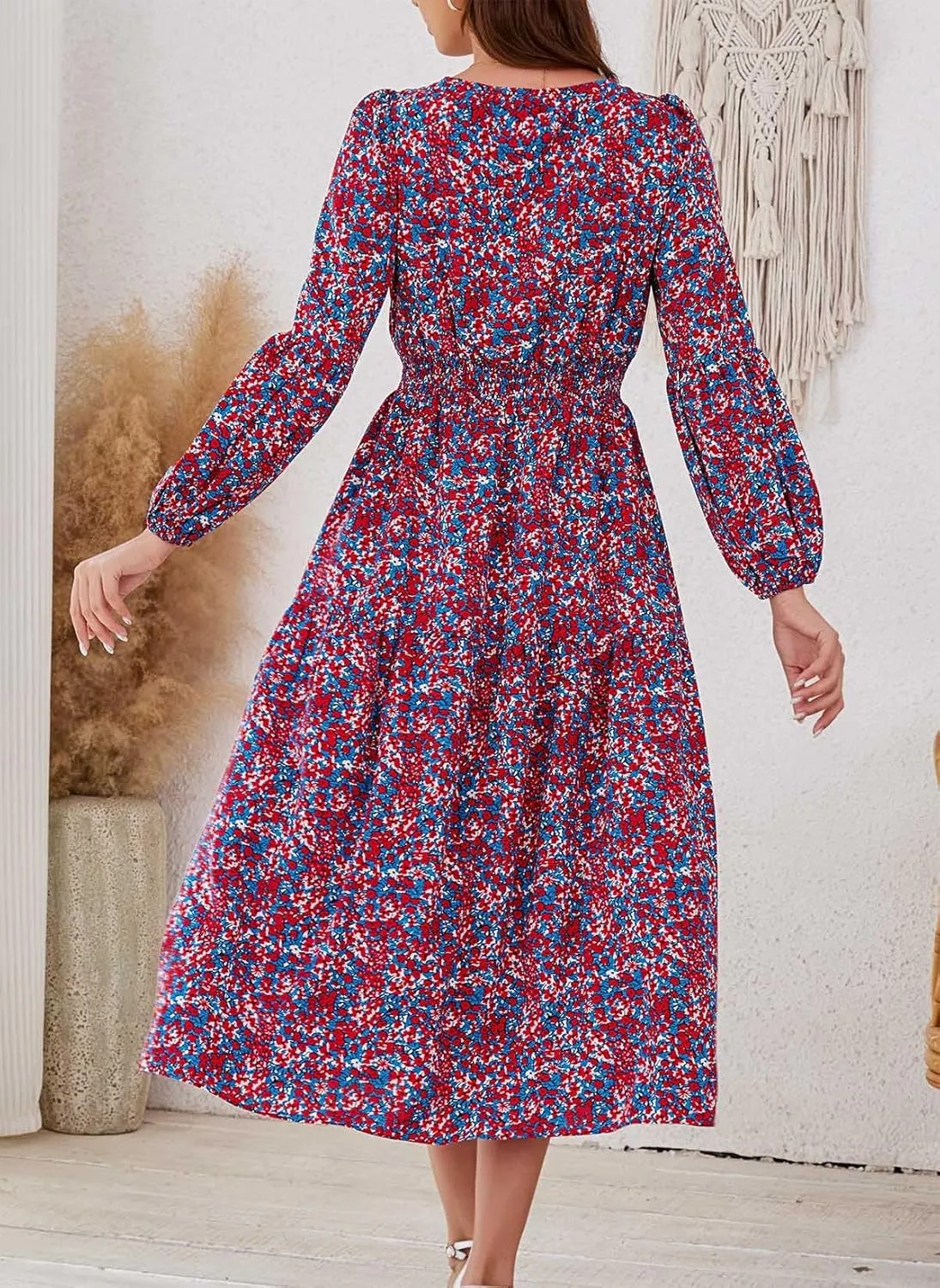Kormei Women Casual Boho Floral Round Neck Puff Long Sleeve Smocked Waist Tiered A Line Flowy Swing Long Maxi Dress