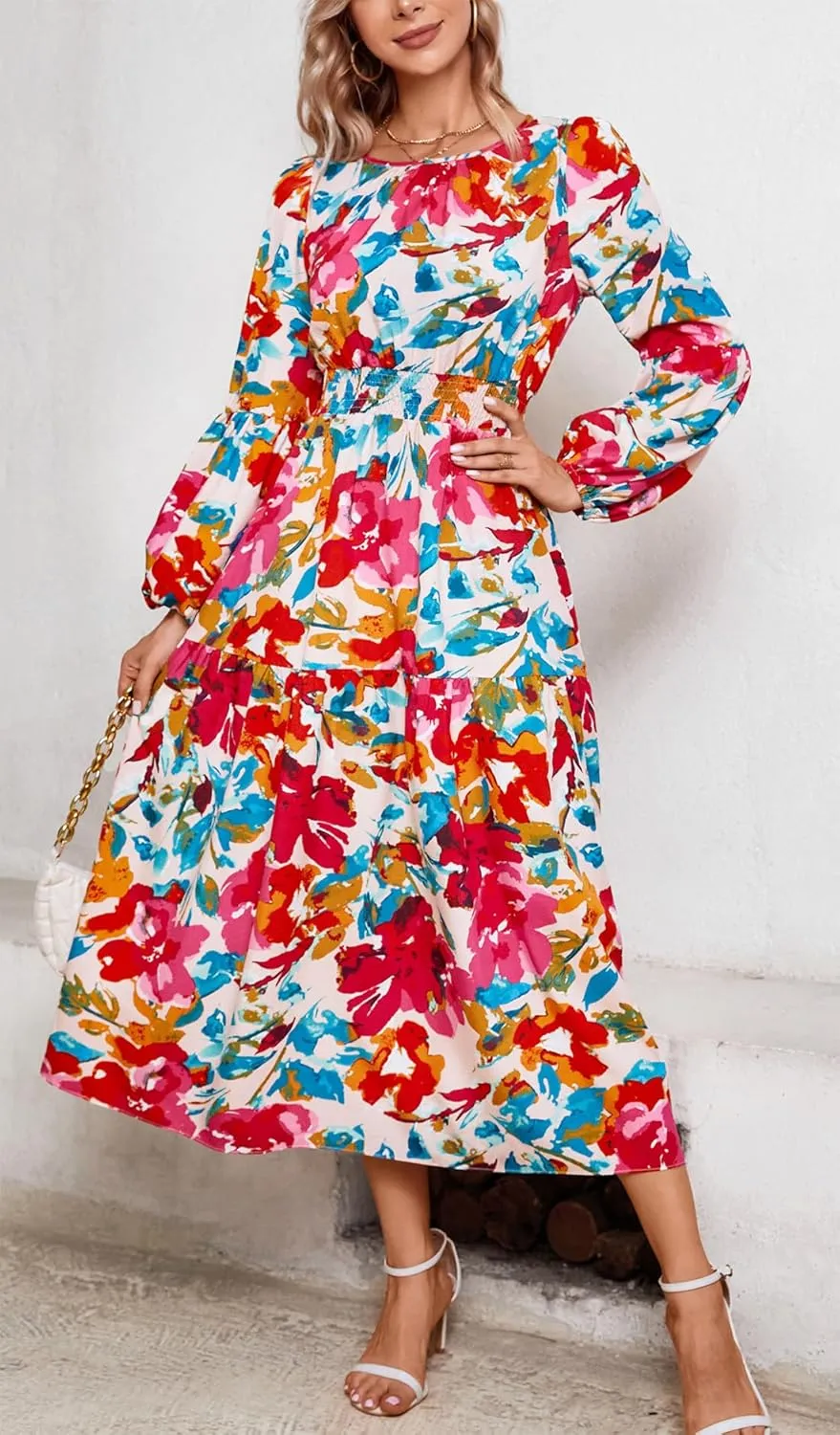 Kormei Women Casual Boho Floral Round Neck Puff Long Sleeve Smocked Waist Tiered A Line Flowy Swing Long Maxi Dress