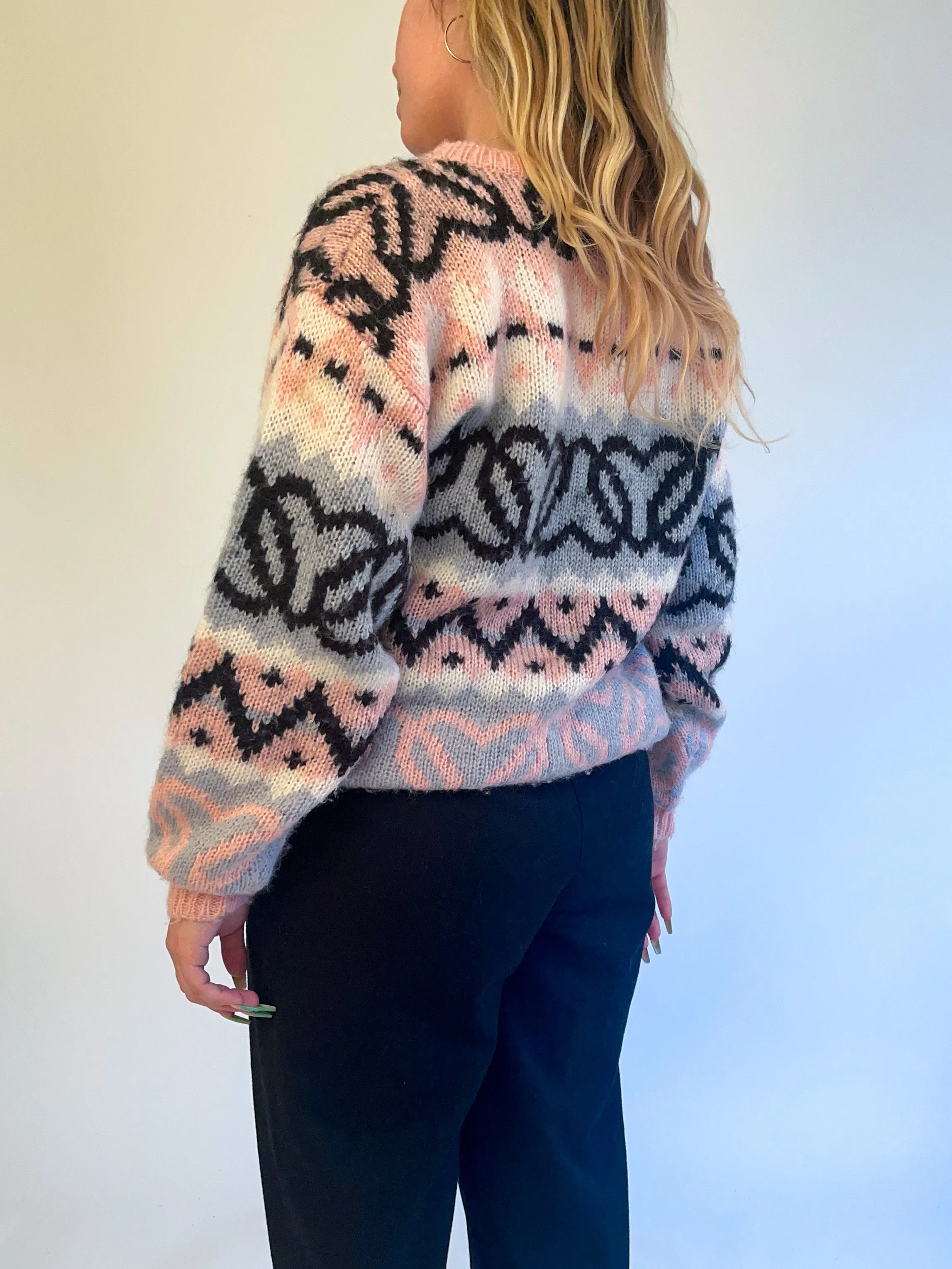L 80s Chunky Knit Heart Patterned Sweater