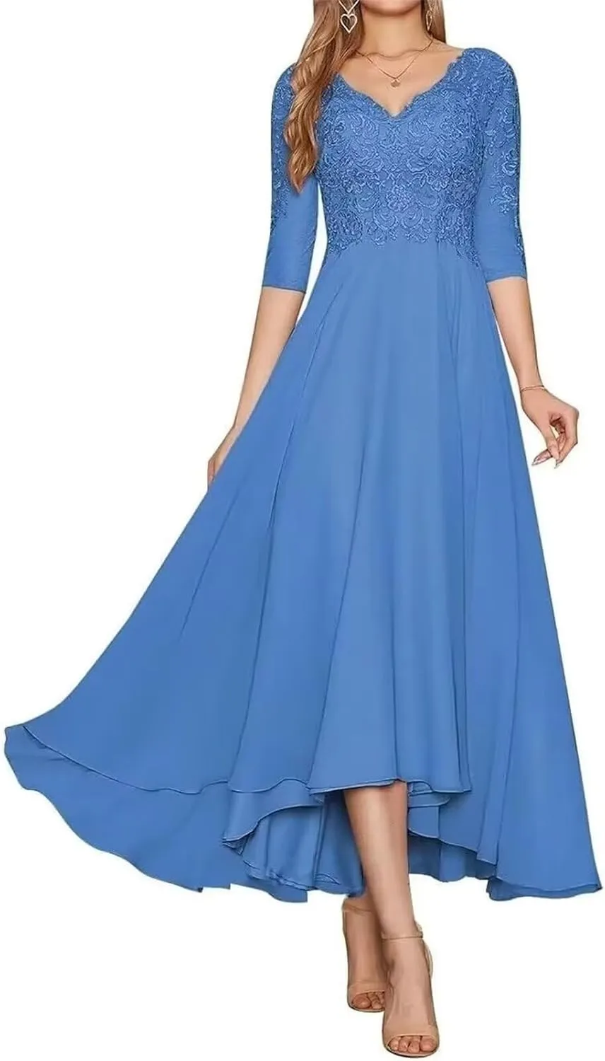 Lace Appliques Mother of The Bride Dress for Wedding V Neck Long Chiffon Formal Dresses with 3/4 Sleeves