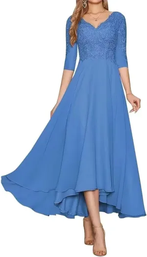 Lace Appliques Mother of The Bride Dress for Wedding V Neck Long Chiffon Formal Dresses with 3/4 Sleeves