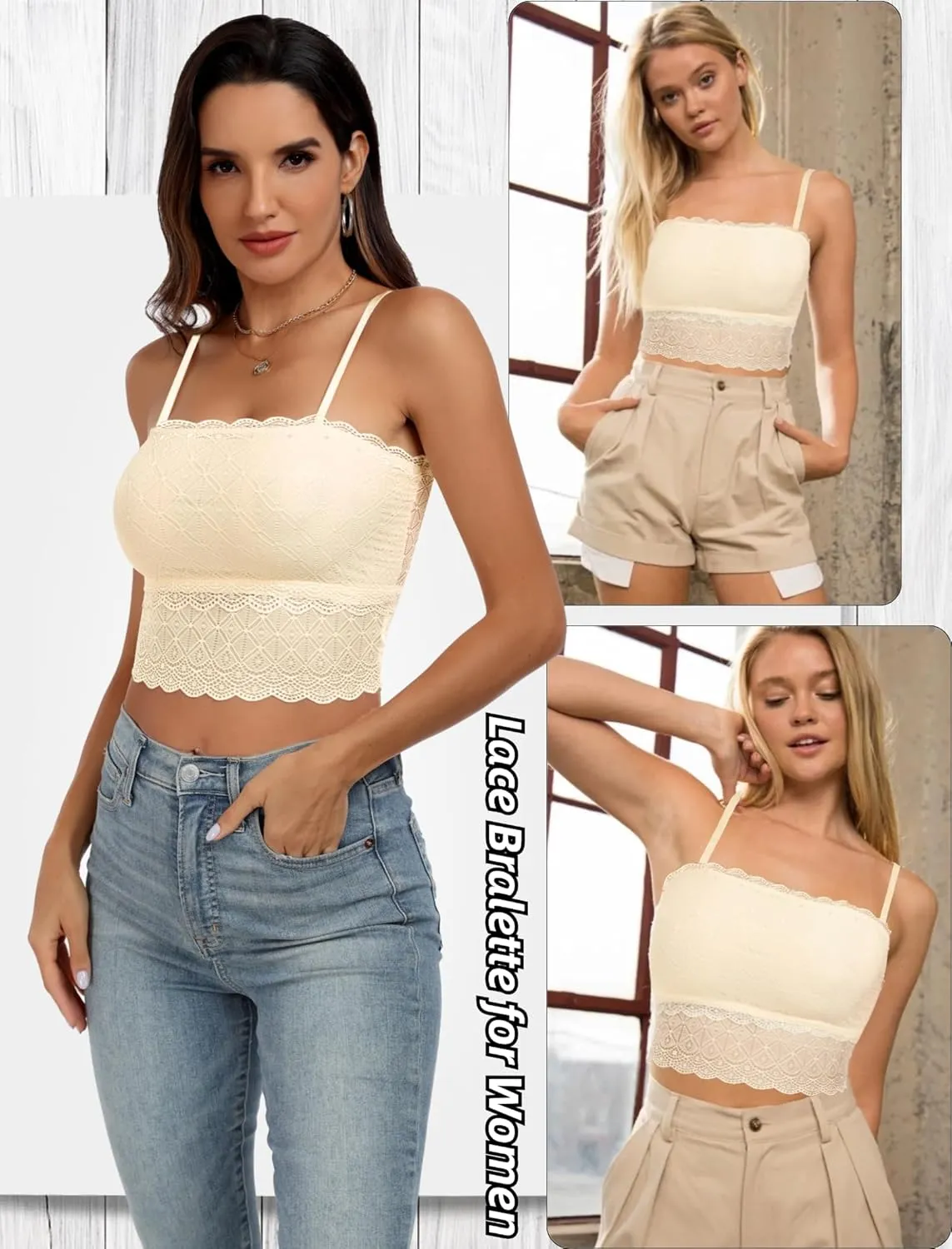 Lace Bralette for Women Camisole Tops Spaghetti Strap Double-Layered Tube Tops Lace Bandeau Bra