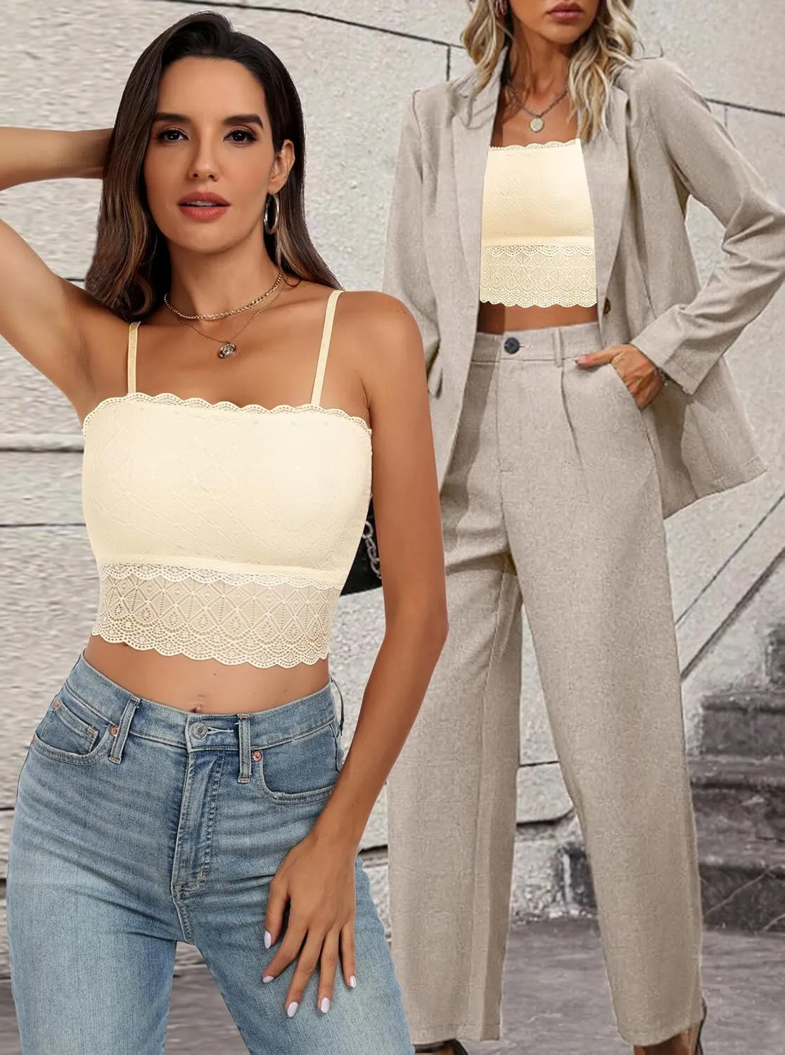 Lace Bralette for Women Camisole Tops Spaghetti Strap Double-Layered Tube Tops Lace Bandeau Bra