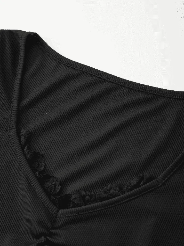 Lace Trim Black Long Sleeve Knit Top