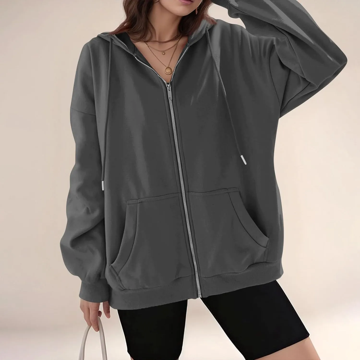 lcyhony Womens Fleece Zip Up Hoodie Trendy Oversized Long Sleeve Sweatshirt Lightweight Casual Workout Jackets with Pockets