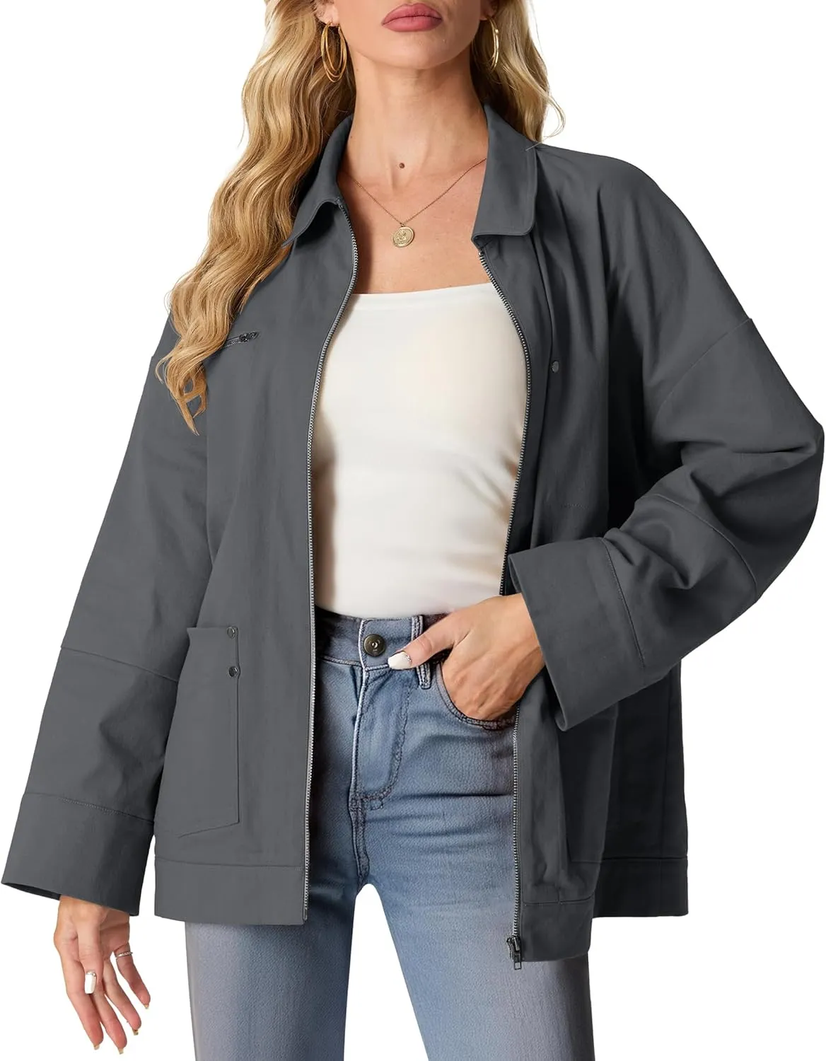 Lepunuo Women's Oversized Casual Jackets Zip Up Long Sleeve Military Utility Anorak Coat Fall Fashion 2024 Trendy Outwear
