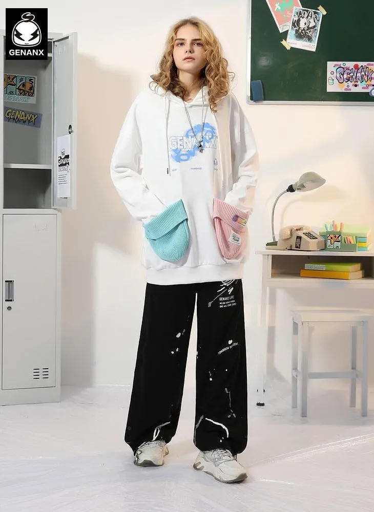 Letter Print Color Block Three-Dimensional Pocket Hoodies
