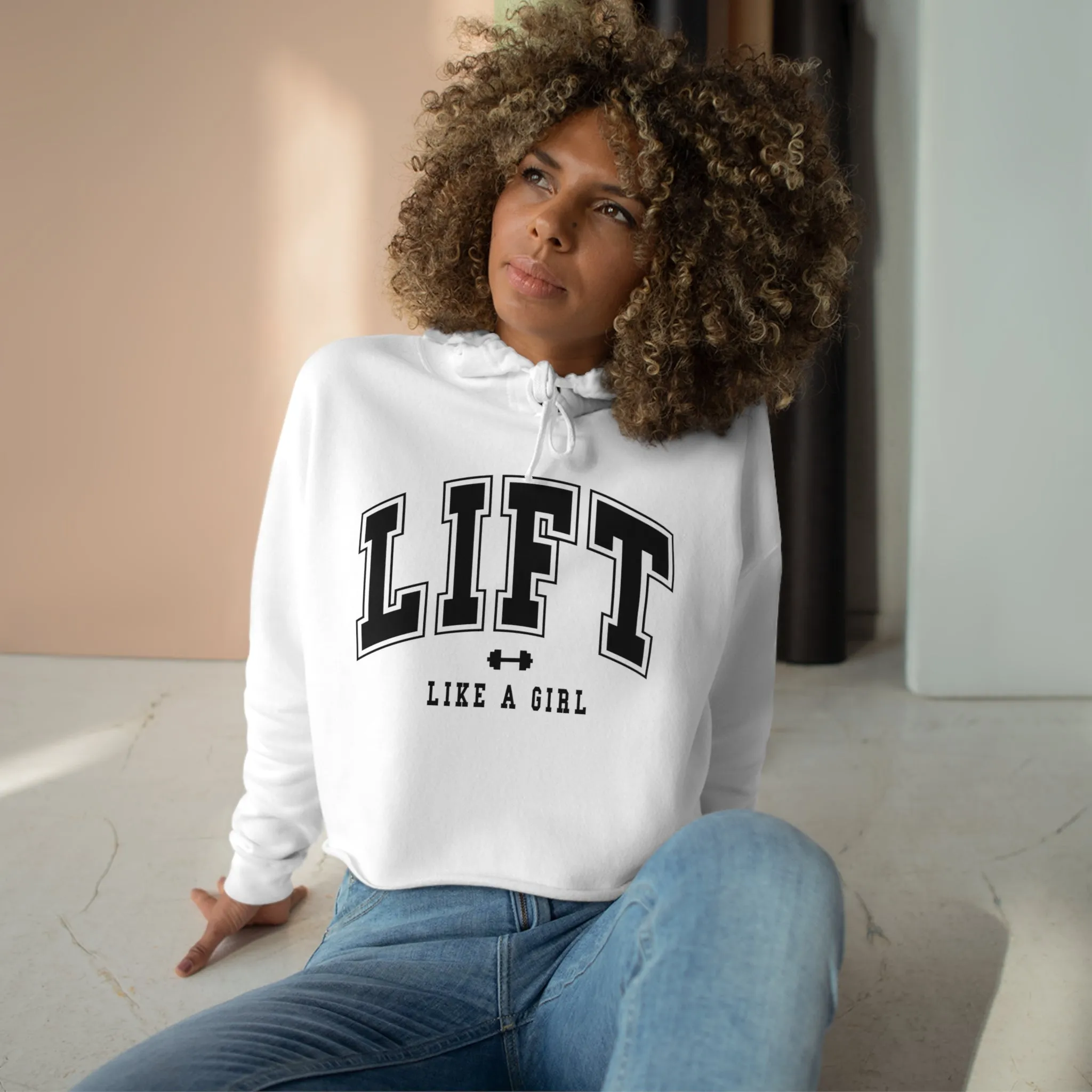 Lift Like A Girl - Crop Hoodie - White with Black Logo