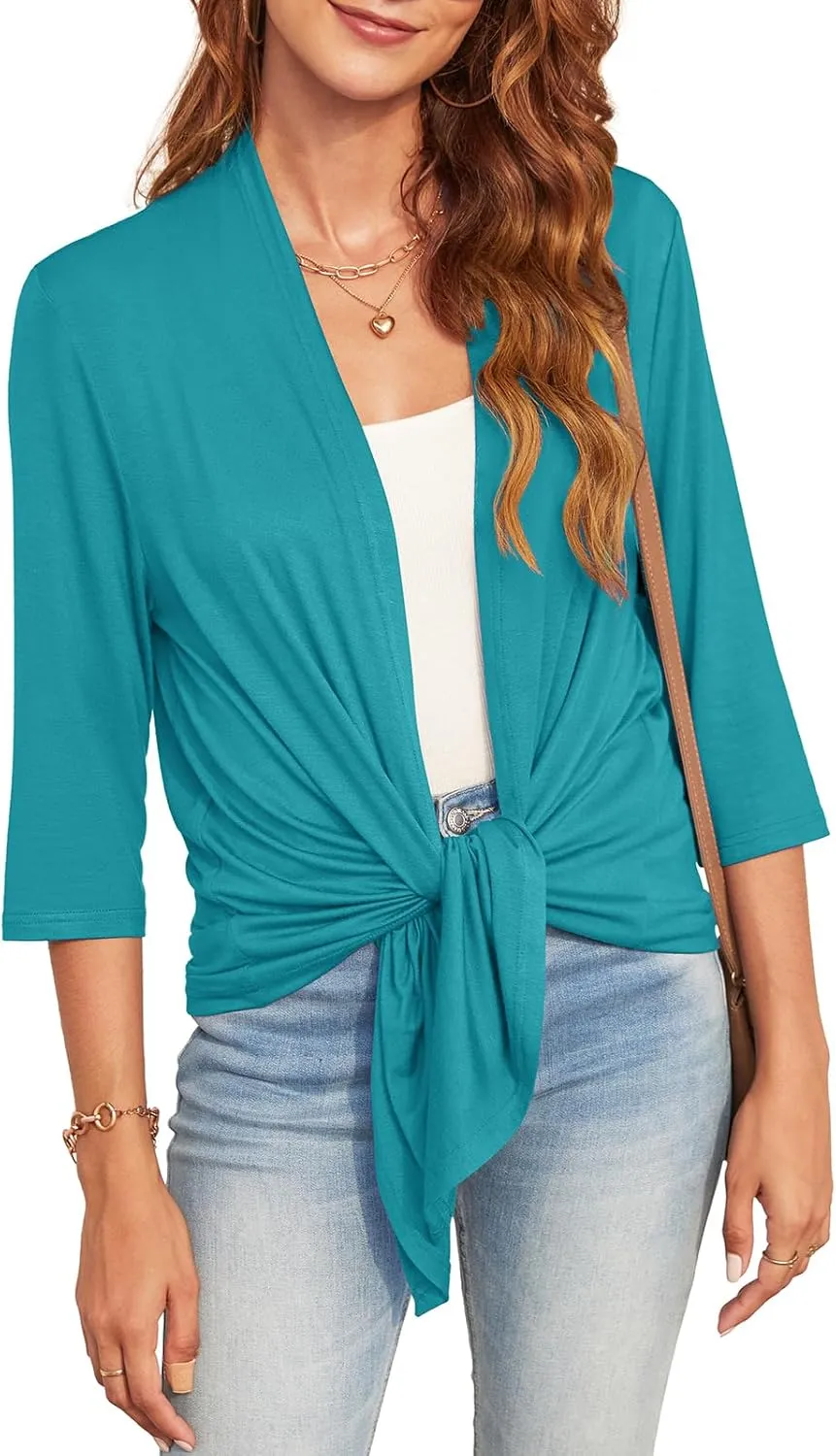 Lightweight Summer 3/4 Sleeve Cardigan for Women Trendy Casual Draped Tie Front Cardigans Fall Shrugs High Low Hem