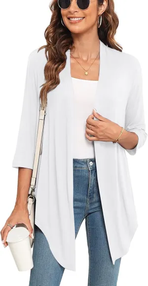 Lightweight Summer 3/4 Sleeve Cardigan for Women Trendy Casual Draped Tie Front Cardigans Fall Shrugs High Low Hem