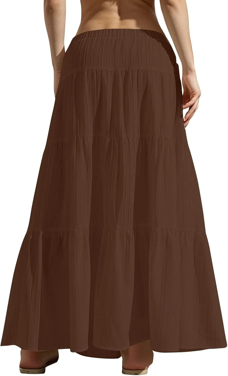 Linen Maxi Skirts for Women Pleated Cute Boho Long Flowy Skirt Drawstring Tiered Vacation Beach A Line Summer Skirts