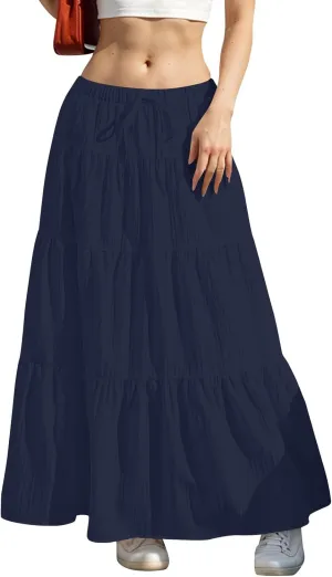 Linen Maxi Skirts for Women Pleated Cute Boho Long Flowy Skirt Drawstring Tiered Vacation Beach A Line Summer Skirts