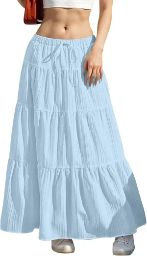Linen Maxi Skirts for Women Pleated Cute Boho Long Flowy Skirt Drawstring Tiered Vacation Beach A Line Summer Skirts