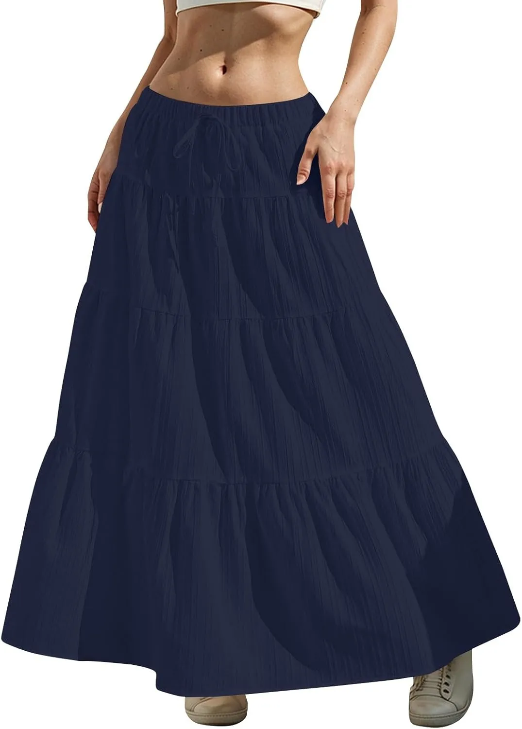 Linen Maxi Skirts for Women Pleated Cute Boho Long Flowy Skirt Drawstring Tiered Vacation Beach A Line Summer Skirts