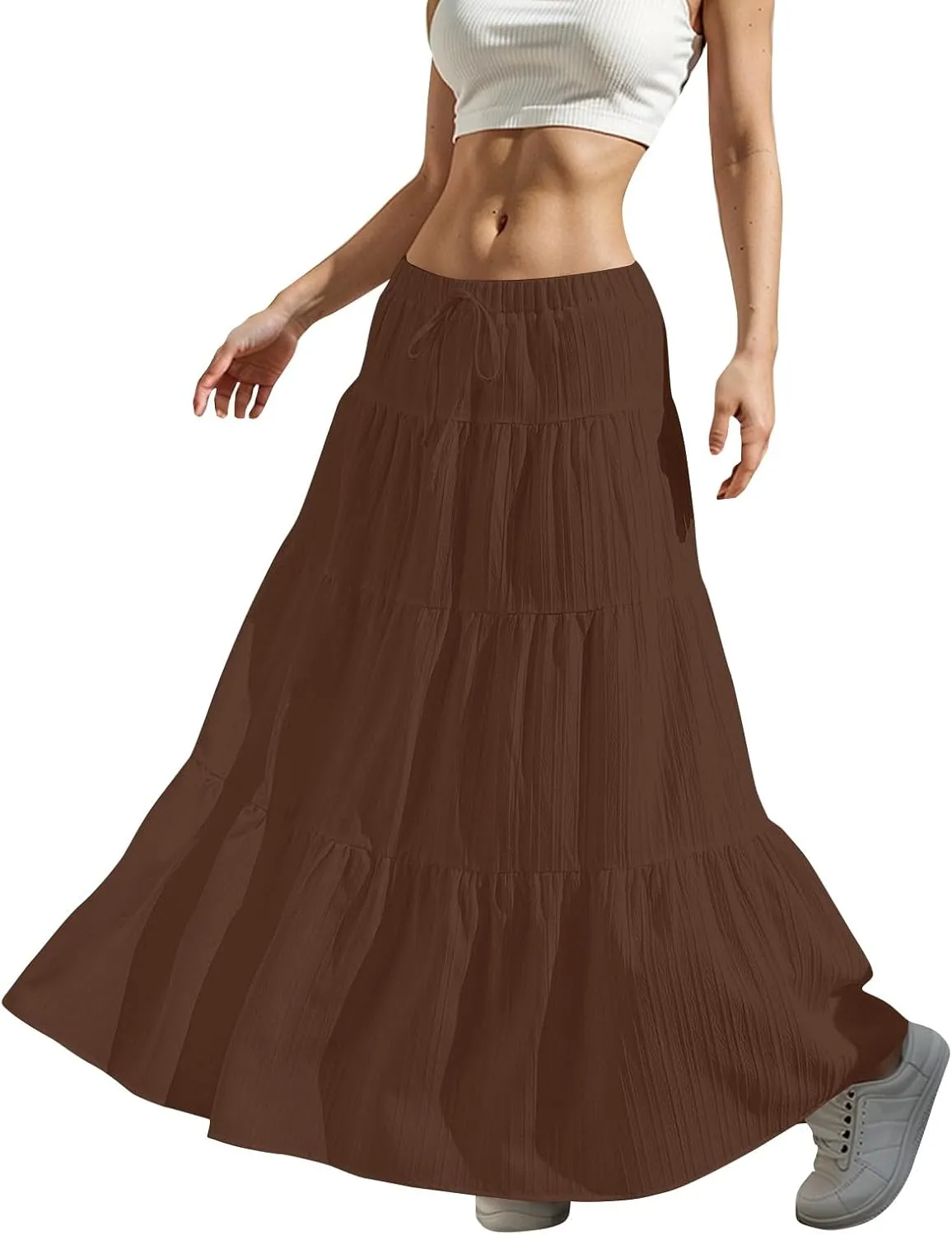 Linen Maxi Skirts for Women Pleated Cute Boho Long Flowy Skirt Drawstring Tiered Vacation Beach A Line Summer Skirts