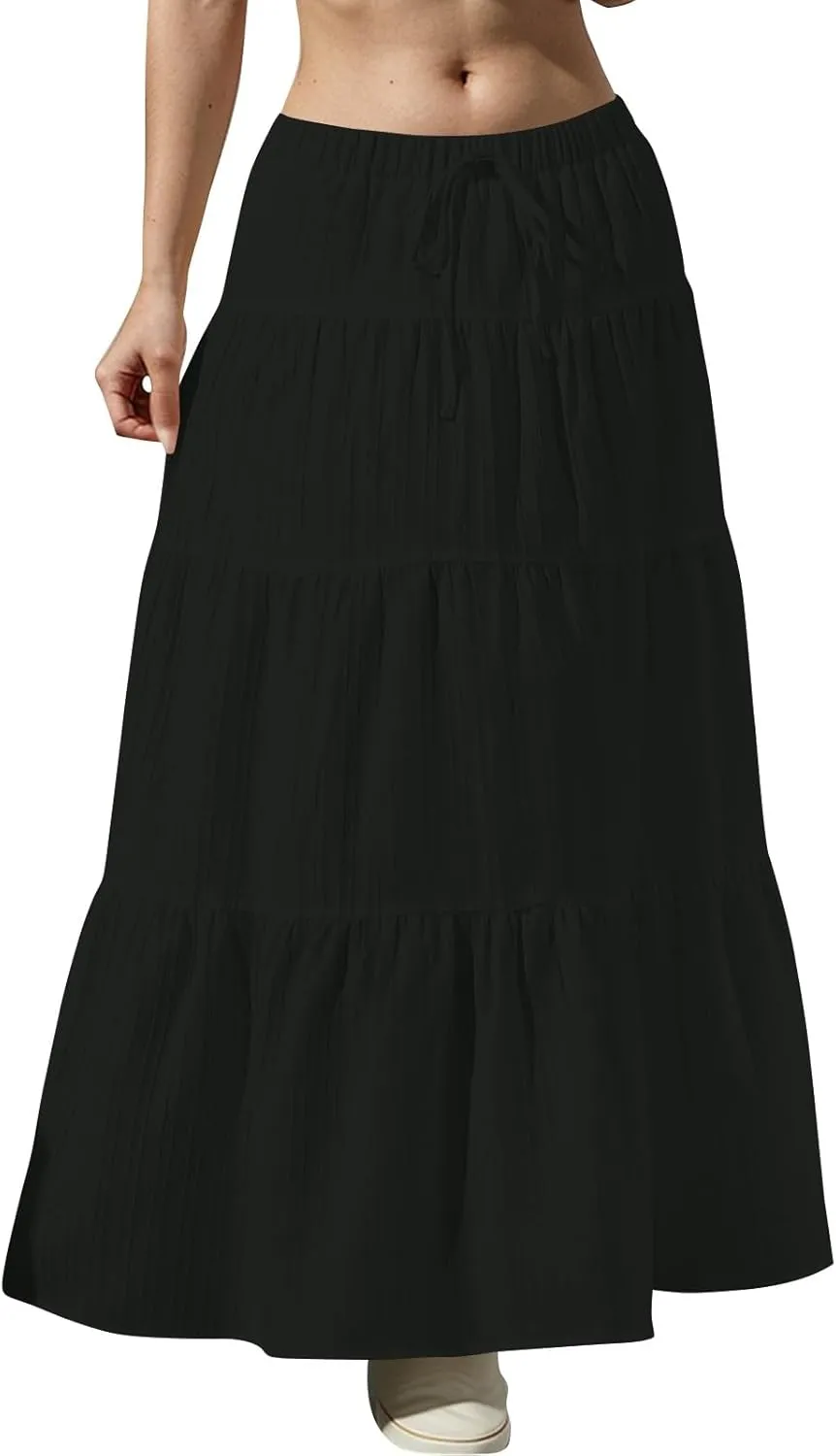 Linen Maxi Skirts for Women Pleated Cute Boho Long Flowy Skirt Drawstring Tiered Vacation Beach A Line Summer Skirts