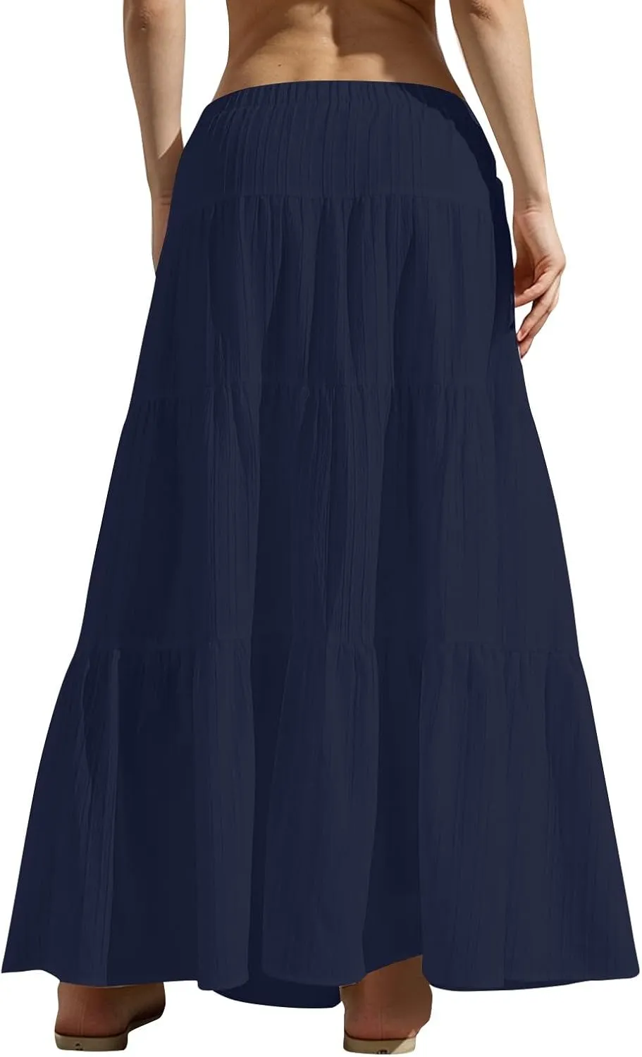 Linen Maxi Skirts for Women Pleated Cute Boho Long Flowy Skirt Drawstring Tiered Vacation Beach A Line Summer Skirts