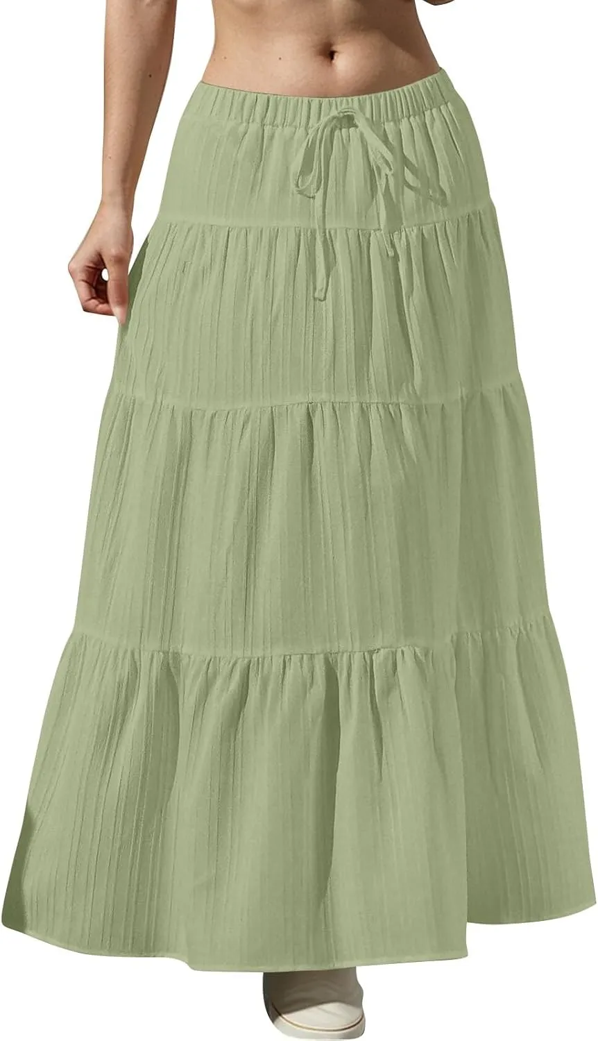 Linen Maxi Skirts for Women Pleated Cute Boho Long Flowy Skirt Drawstring Tiered Vacation Beach A Line Summer Skirts