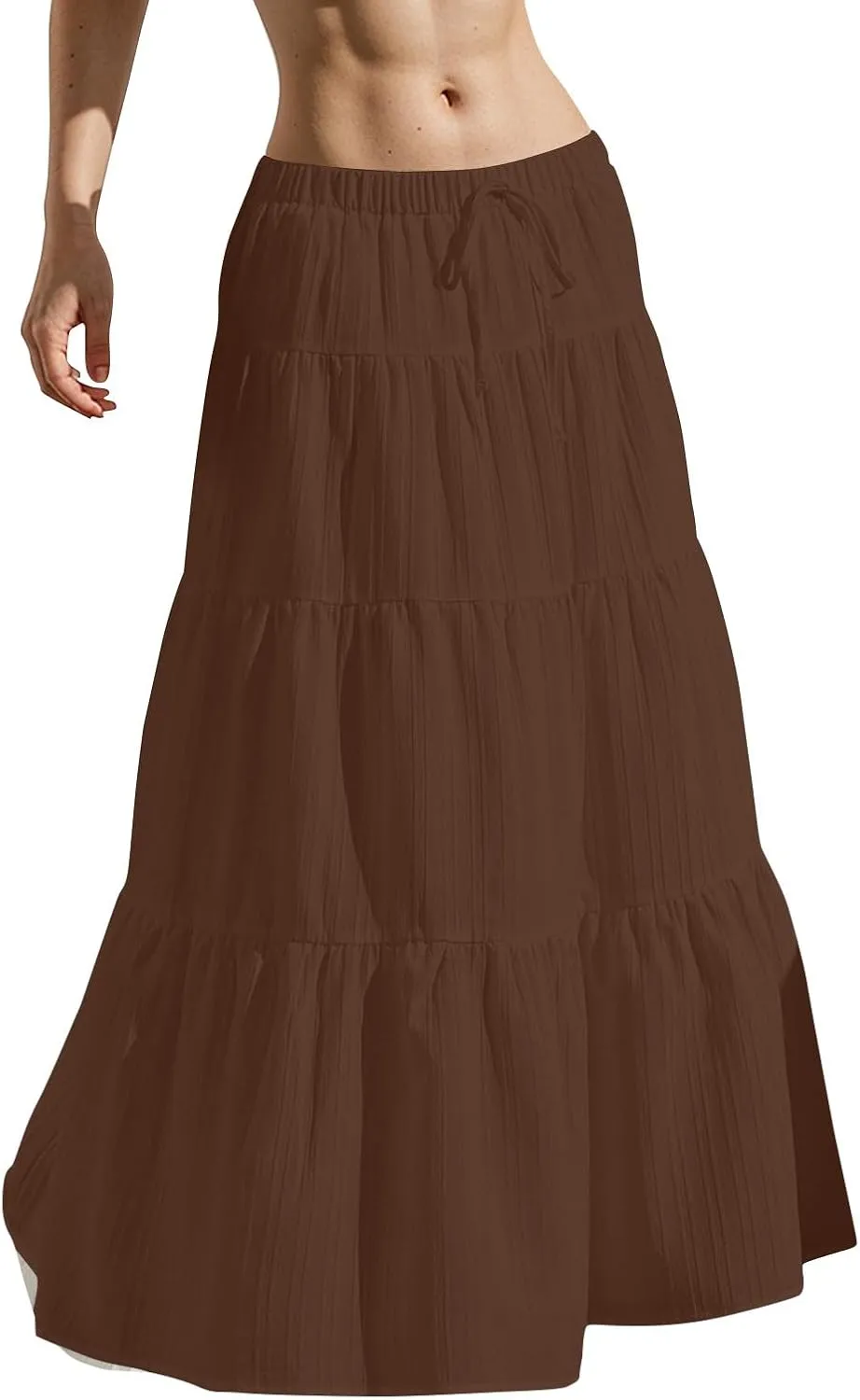 Linen Maxi Skirts for Women Pleated Cute Boho Long Flowy Skirt Drawstring Tiered Vacation Beach A Line Summer Skirts