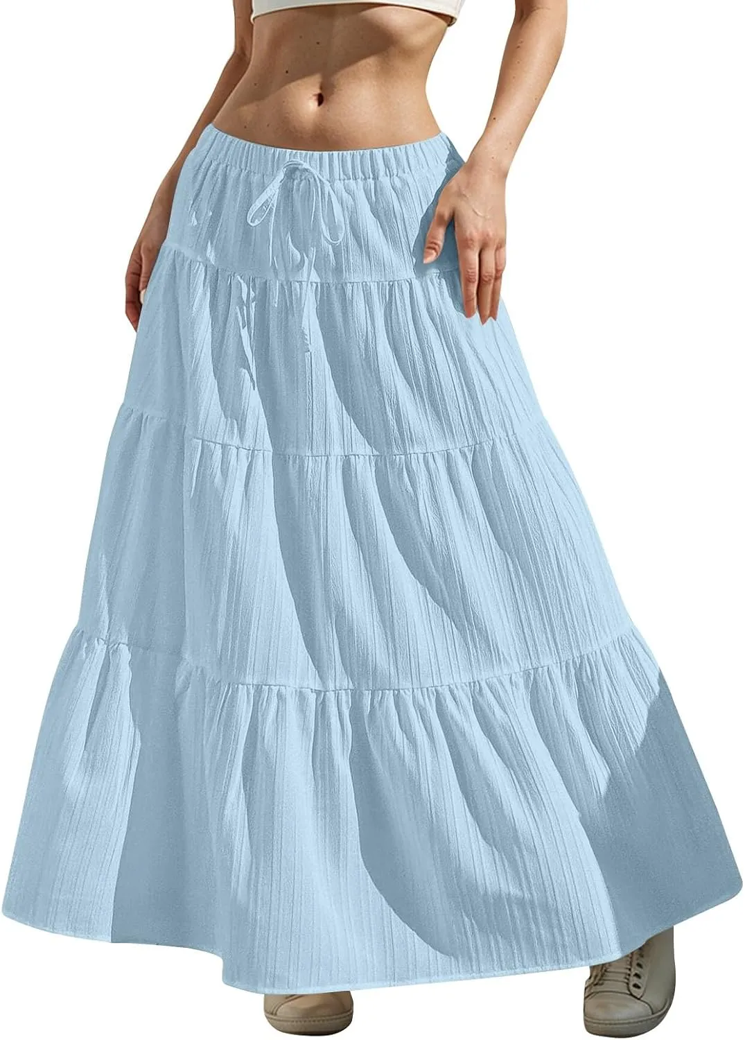Linen Maxi Skirts for Women Pleated Cute Boho Long Flowy Skirt Drawstring Tiered Vacation Beach A Line Summer Skirts