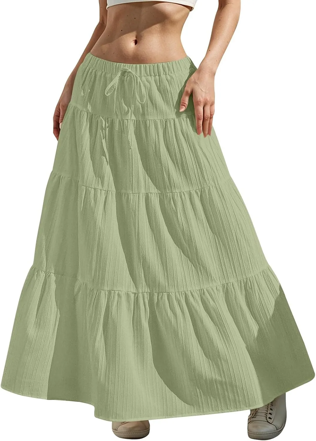 Linen Maxi Skirts for Women Pleated Cute Boho Long Flowy Skirt Drawstring Tiered Vacation Beach A Line Summer Skirts
