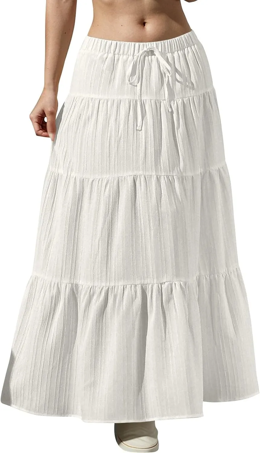 Linen Maxi Skirts for Women Pleated Cute Boho Long Flowy Skirt Drawstring Tiered Vacation Beach A Line Summer Skirts