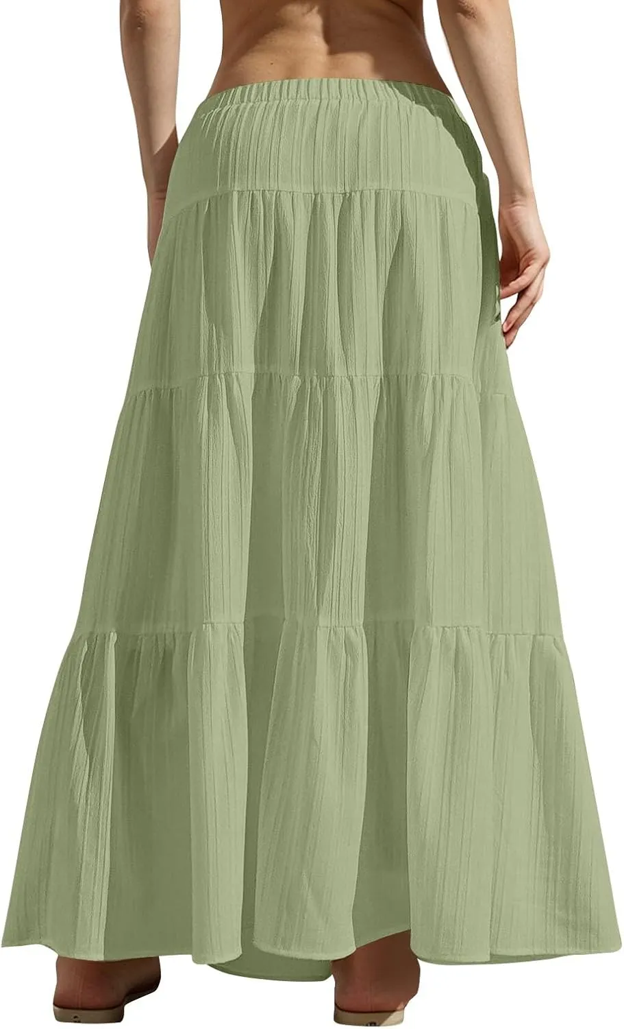 Linen Maxi Skirts for Women Pleated Cute Boho Long Flowy Skirt Drawstring Tiered Vacation Beach A Line Summer Skirts