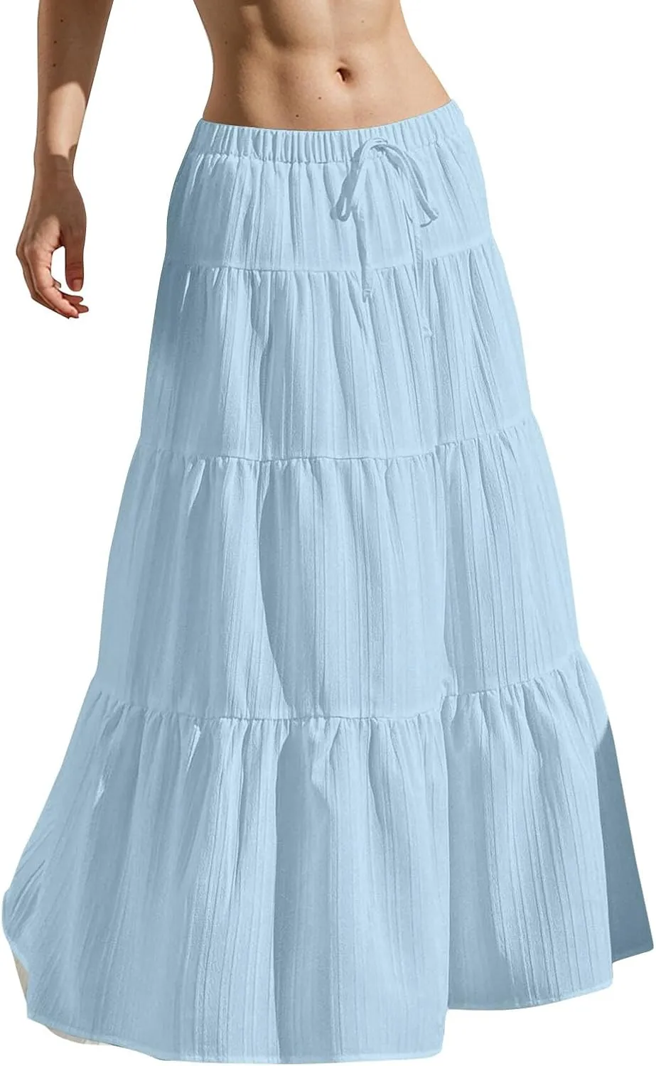 Linen Maxi Skirts for Women Pleated Cute Boho Long Flowy Skirt Drawstring Tiered Vacation Beach A Line Summer Skirts