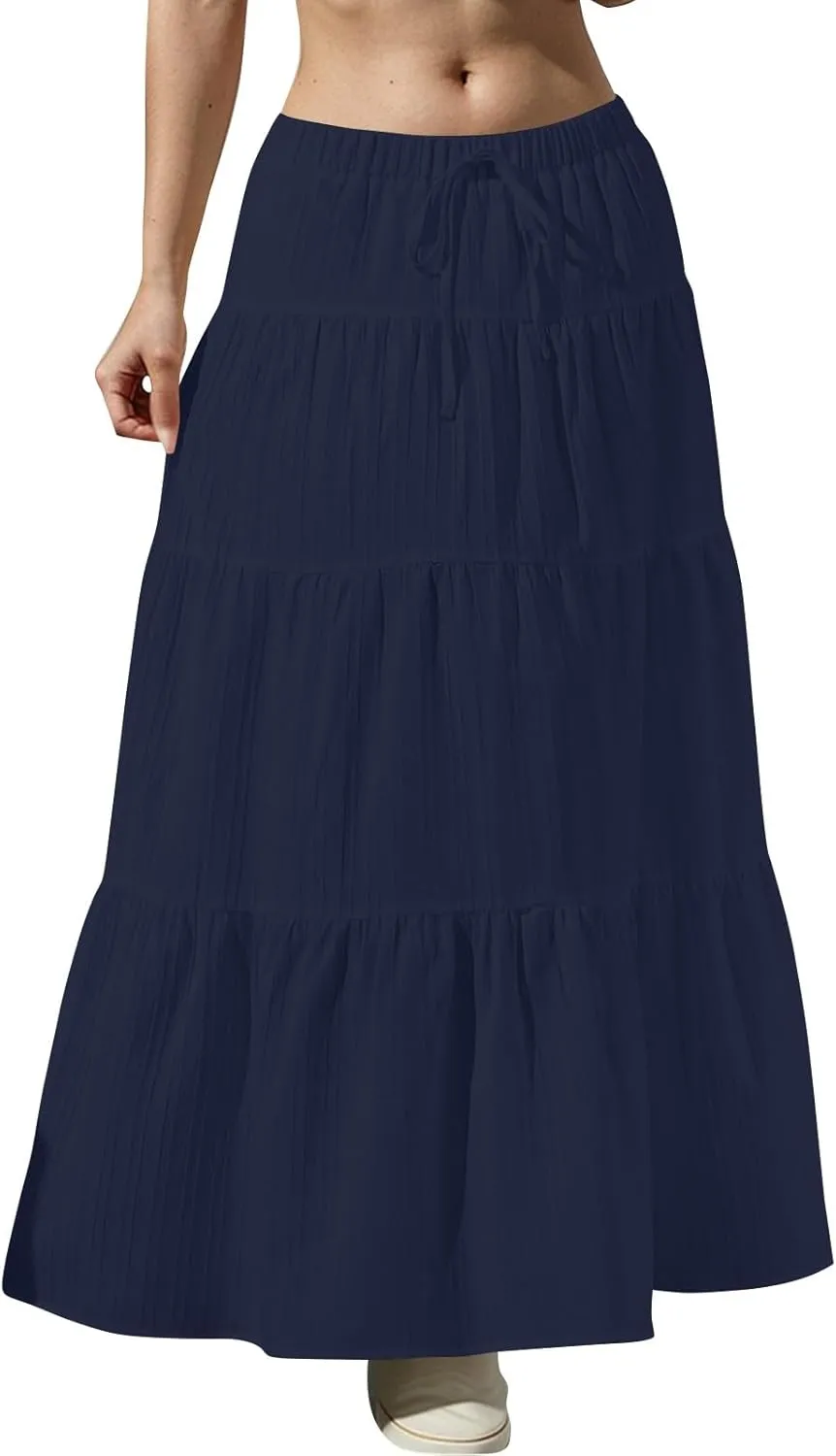 Linen Maxi Skirts for Women Pleated Cute Boho Long Flowy Skirt Drawstring Tiered Vacation Beach A Line Summer Skirts