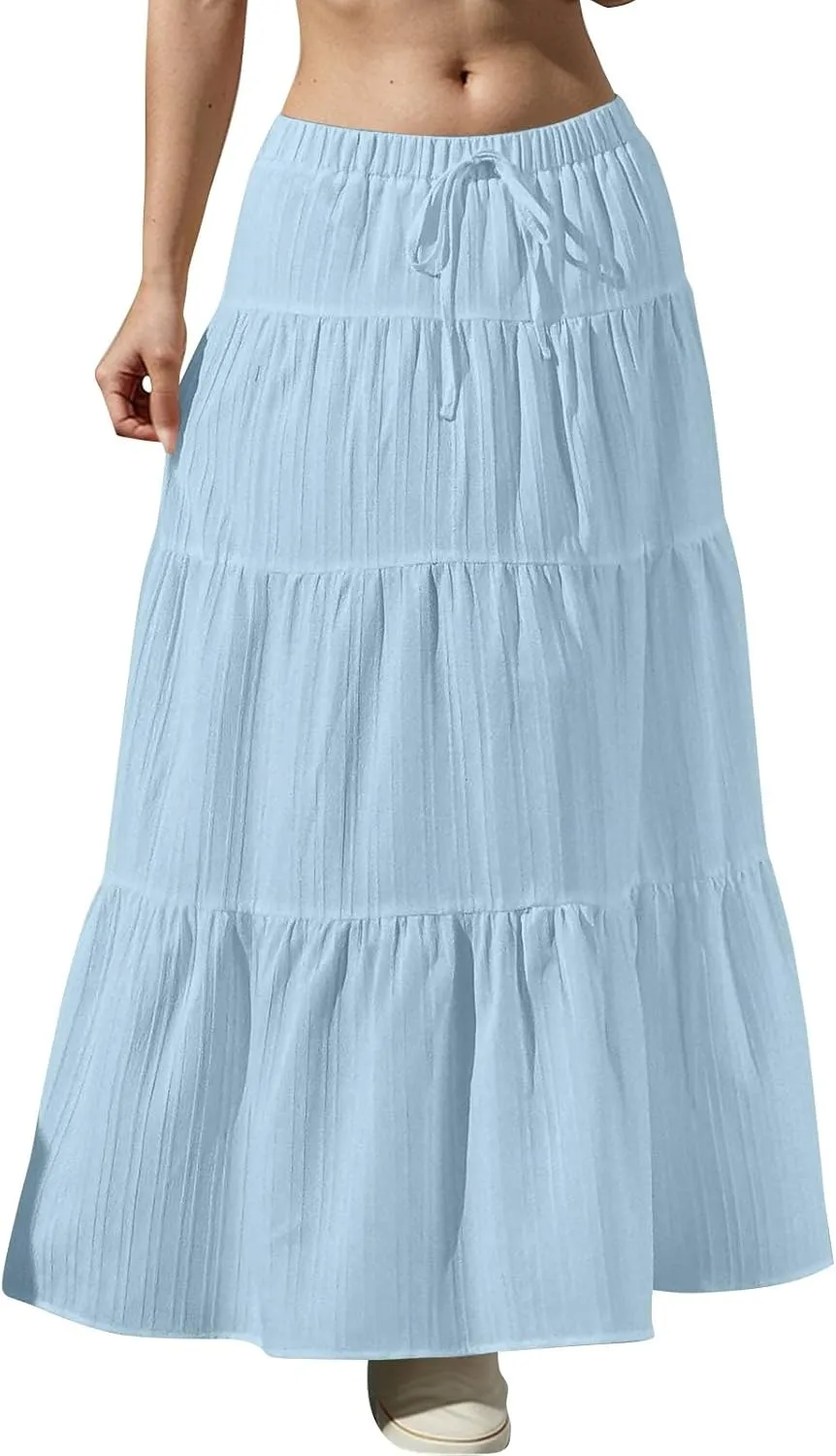 Linen Maxi Skirts for Women Pleated Cute Boho Long Flowy Skirt Drawstring Tiered Vacation Beach A Line Summer Skirts