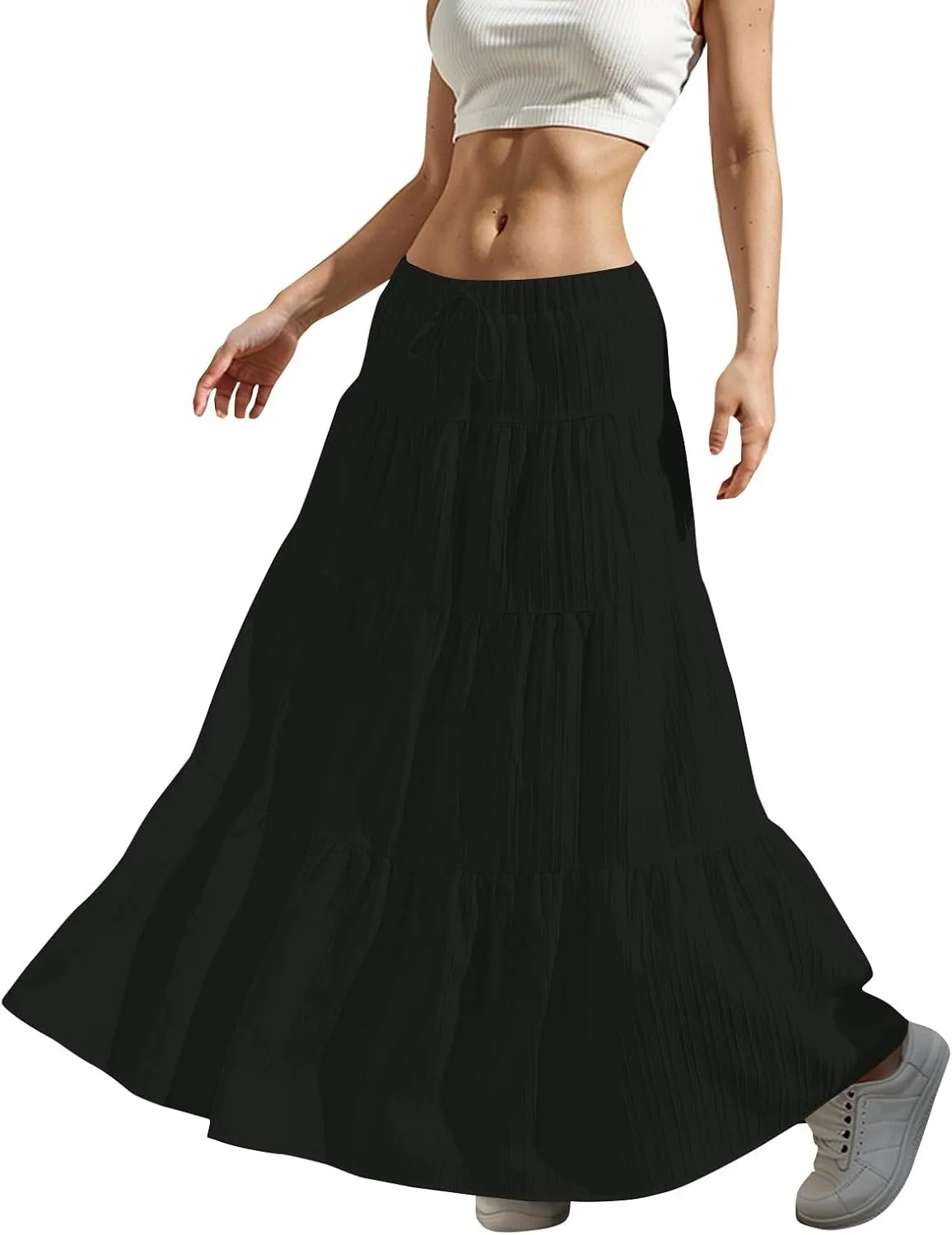 Linen Maxi Skirts for Women Pleated Cute Boho Long Flowy Skirt Drawstring Tiered Vacation Beach A Line Summer Skirts