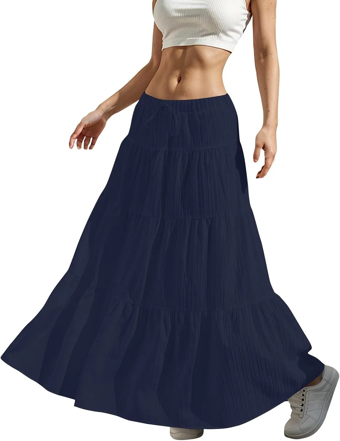 Linen Maxi Skirts for Women Pleated Cute Boho Long Flowy Skirt Drawstring Tiered Vacation Beach A Line Summer Skirts