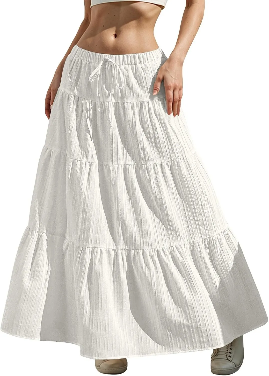 Linen Maxi Skirts for Women Pleated Cute Boho Long Flowy Skirt Drawstring Tiered Vacation Beach A Line Summer Skirts