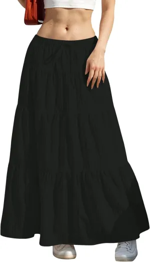 Linen Maxi Skirts for Women Pleated Cute Boho Long Flowy Skirt Drawstring Tiered Vacation Beach A Line Summer Skirts