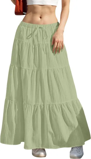 Linen Maxi Skirts for Women Pleated Cute Boho Long Flowy Skirt Drawstring Tiered Vacation Beach A Line Summer Skirts