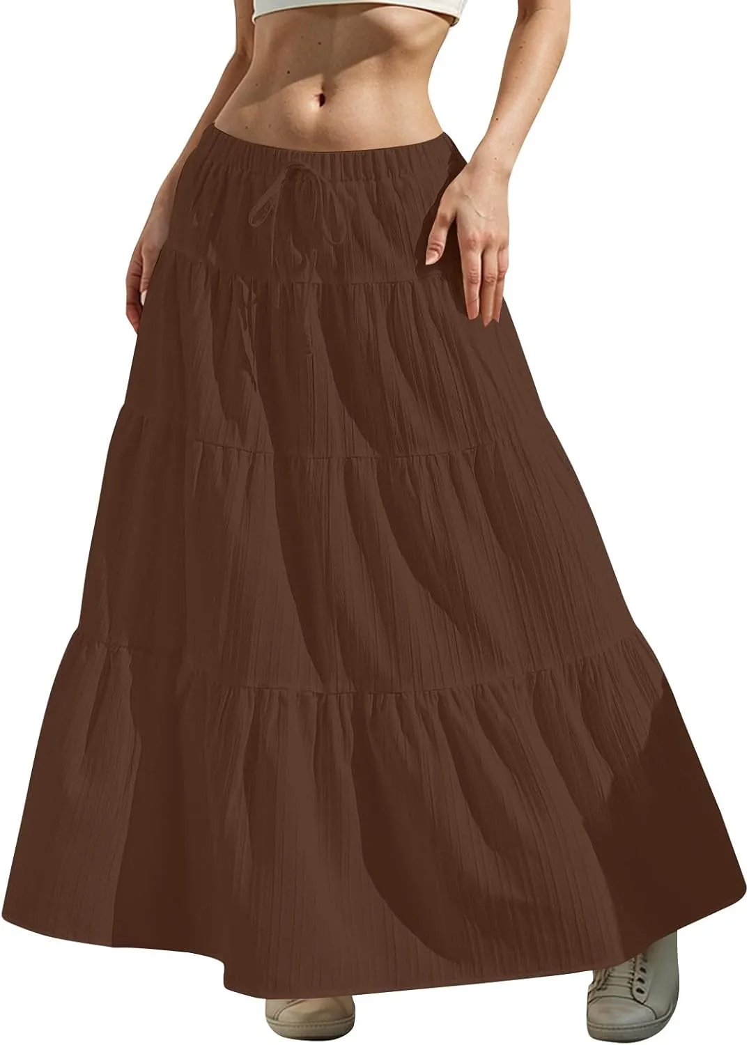Linen Maxi Skirts for Women Pleated Cute Boho Long Flowy Skirt Drawstring Tiered Vacation Beach A Line Summer Skirts